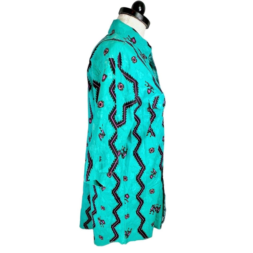 Vintage Wrangler Western Shirt Aztec Teal Cowboy Cut X-Long Tails Men's 17 - Picture 4 of 13